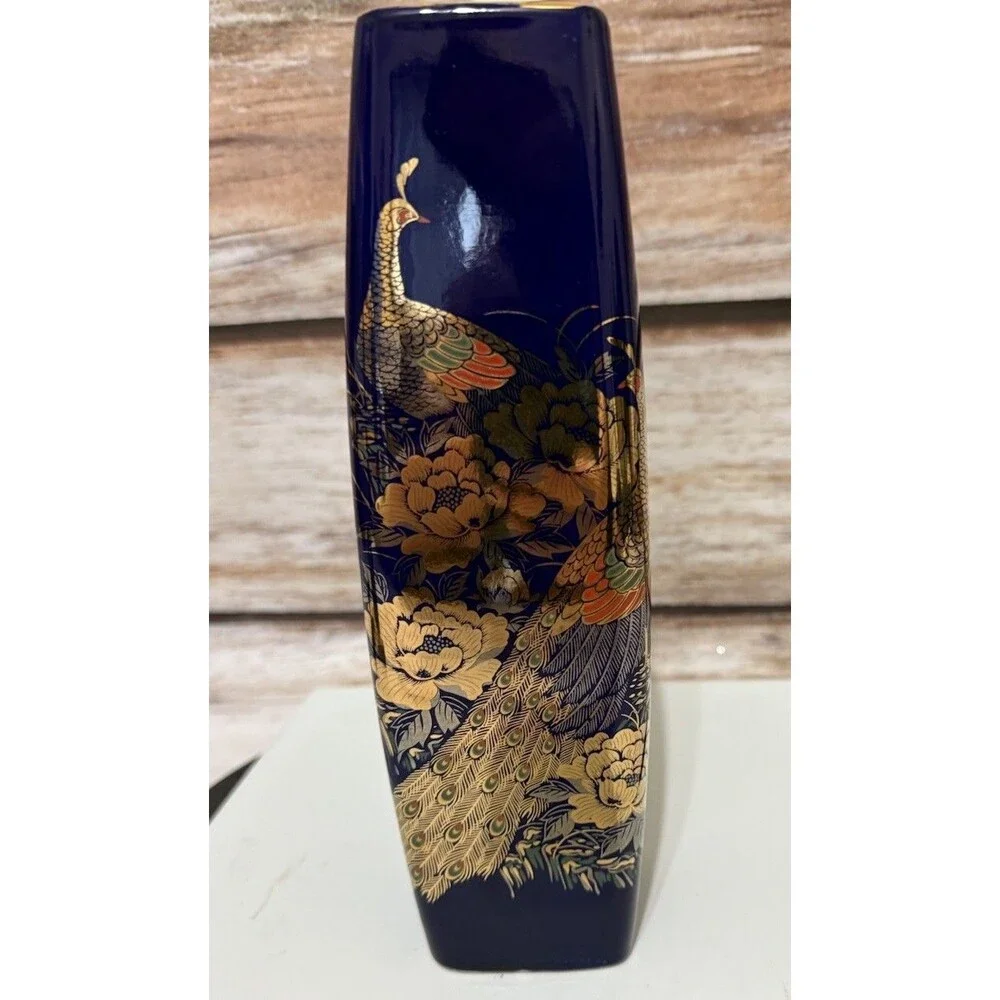 Japanese Colbalt Blue Vase Pheasant & Peony Floral Design Vintage Original